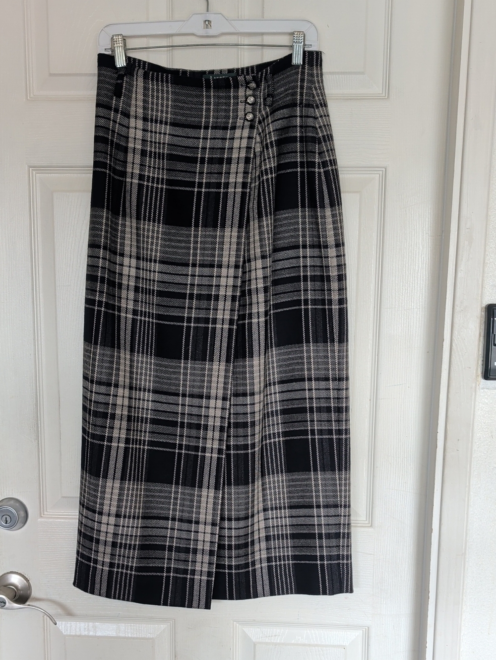 Lauren Ralph Lauren black Silver plaid wool wrap midi MAXI STYLE skirt 10 P